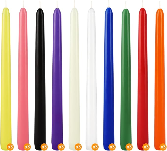 30-Pack 10-Color Taper Candles - 10 Inch Dripless & 10-Hour Burn｜Wedding/Birthday/Home Decor with Premium Wax