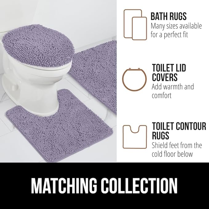 GORILLA GRIP Plush Absorbent Shaggy Chenille Bath Rug Mat for Square Toilet Base with Rubber Backing, Machine Washable Rugs, Soft Microfiber Contour Mats for Toilets, Bathroom Decor, Lt Purple