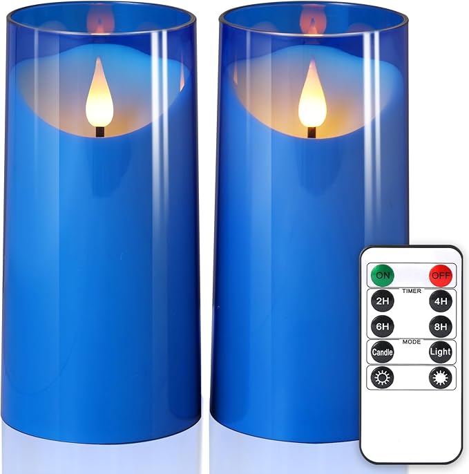 NURADA 3"x6"Flickering Flameless Candles: 3D Wick Acrylic Battery Operated LED Pillar Battery Candles with Remote and Timer for Decoration Wedding Party - 2 Pack Blue
