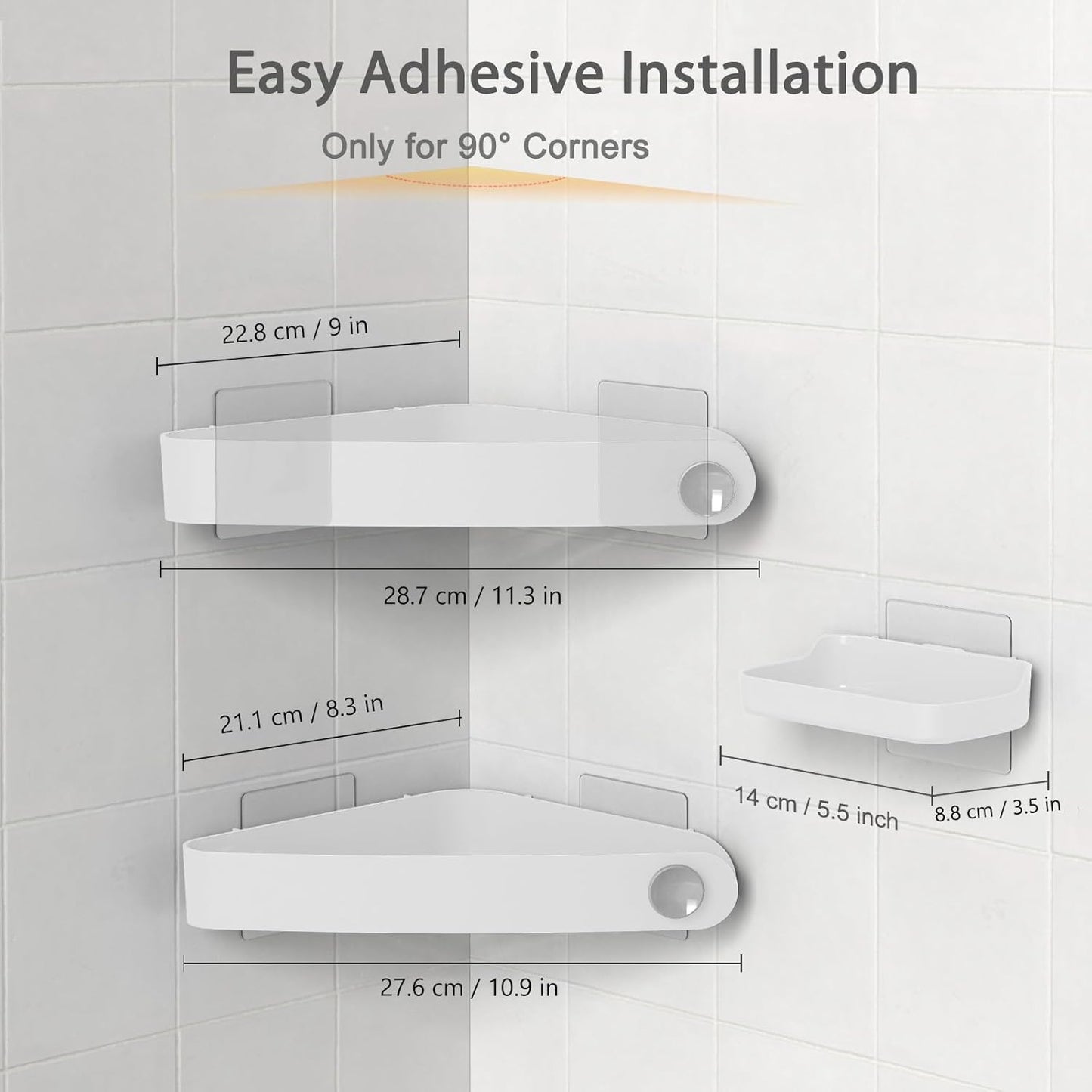 Sotfamily Shower Caddy Corner, Adhesive Corner Shower Shelves for Bathroom Organizers and Storage, Rust Free Plastic Rack for Bathroom Accessories & Decor, 2 Pack + Soap Dish, White
