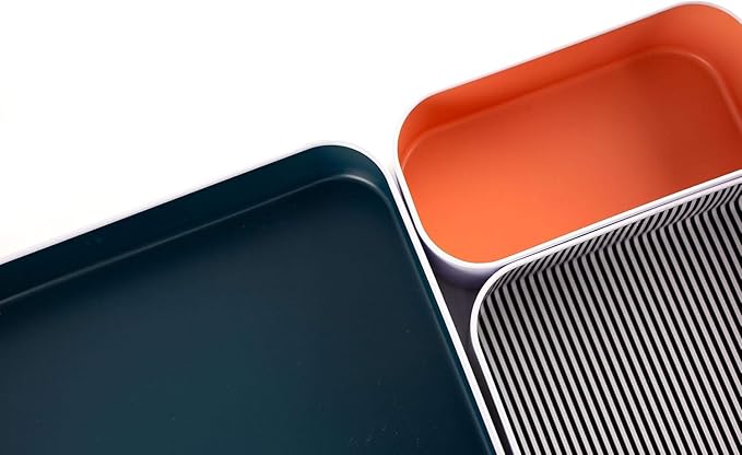 Three by Three Seattle 6 Piece Metal Organizer Tray Set for Storing Makeup, Stationery, Utensils, and More in Office Desk, Kitchen and Bathroom Drawers (2 Inch, Berry, Sunset, Blue, Stripes)
