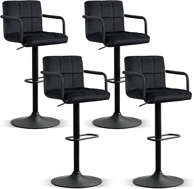 Furniliving Swivel Bar Stools Set of 4, Adjustable Kitchen Counter Height BarStools with Arms, Velvet Upholstered Bar Chair with Back and Footrest for Dining Room, Kitchen, Pub, Bar (Black)
