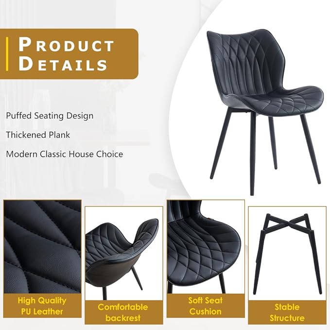 Kidol & Shellder Black Dining Chairs Set of 2 Modern Kitchen Chairs with Back Armless Accent Chairs for Living Room Upholstered Faux Leather Chair Mid Century Comfy Side Chair with Metal Legs