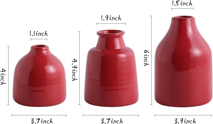 Red Small Vase Set of 3 for Modern Home Decor,Ceramic Vases for Centerpieces Flower Vases for Living Room Wedding/Dinner Table/Party -Red