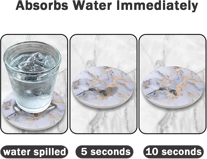 DOOKE Drink Coasters Set of 6, Round Absorbent Ceramic Stone Coasters with Cork Base, Funny Drink Coasters with Holder for Cold Drinks Wine Mugs and Cups, 4 Inch, Marble