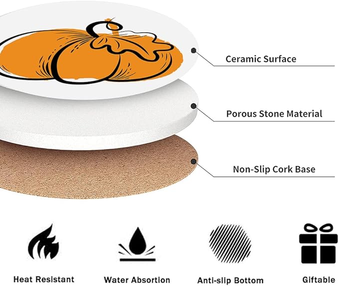 Fall Drink Absorbent Coasters with Holder Set of 6, Ceramic Stone with Cork Base, Orange Graphic Pumpkin Coaster for Drinks, Gift for Housewarming Room Bar Home Decor Kitchen