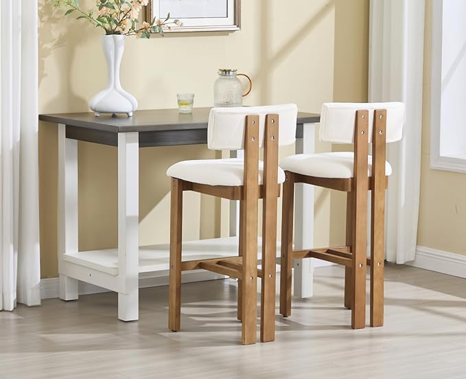 Upholstered Farmhouse Bar Height Bar Stools Set of 2 White Chenille Barstools with Back/Solid Wood Legs, Modern Tall Bar Chairs for Kitchen Island/Home Bar/Pub, 30 Inch