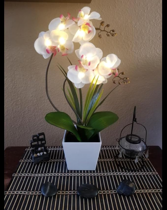 HOMESEASONS Homeseaons Orchid Lamp-LED Lighted Orchid Arrangements,Pre Lit Artificial Orchid,Light Up Flower Lights, Faux Orchid Phalaenopsis Arrangement (White)