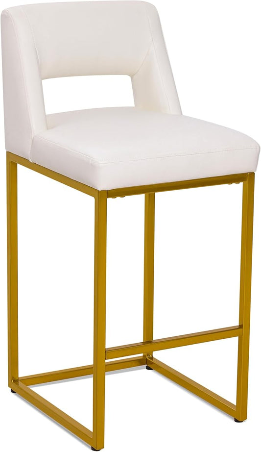 White and Gold Counter Height Bar Stool for Kitchen Counter Modern Bar Chair with Back for Kitchen Island with Upholstered Faux Leather Seat and Metal Frame, 26 Inch