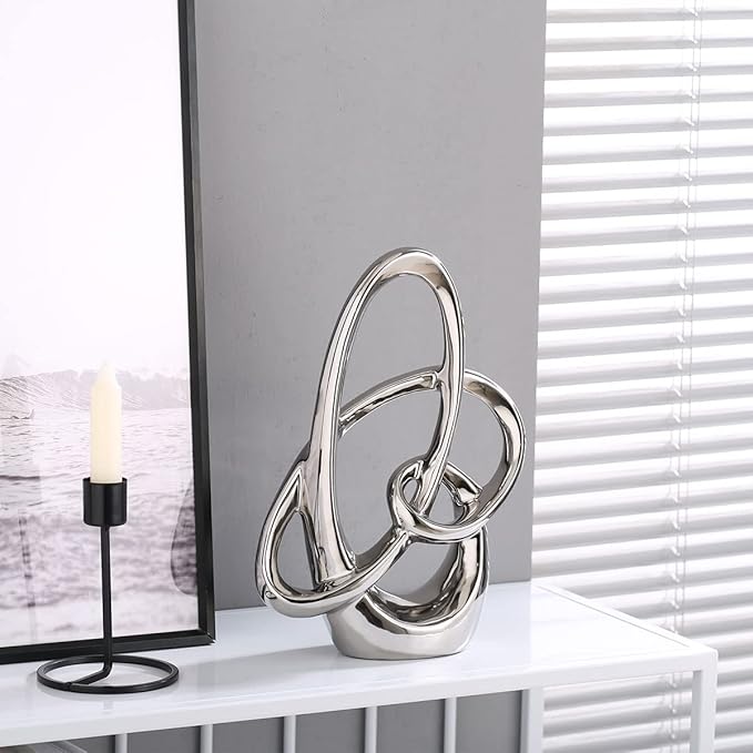 Modern Silver Decor Ceramic Statue - Abstract Home Accent & Tabletop Figurine for Living Room, Bedroom, Bathroom, Office, Shelf, Mantel - Wedding, Coffee Table, Dining Room Centerpiece Decoration