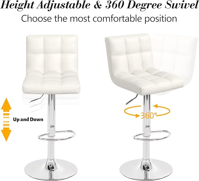 Modern Counter Height Bar Stools Set of 2, Armless Adjustable Swivel Square Bar Chairs Kitchen Barstools with PU Leather and Large Base for Dining Room/Island(White)