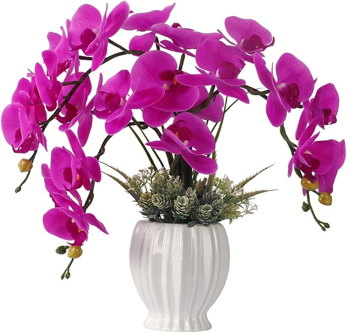 LESING Artificial Potted Orchid Flower for Table Centerpieces,Real Touch Fake Orchid Flowers in Vase for Home Decoration(Style 4,White Vase)
