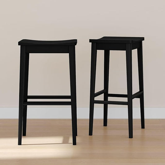Plank+Beam Smythe Bar Stool, 30", Set of 2, Sturdy Wood Modern Kitchen Bar Height Stool, Saddle Seat Backless Counter Chair, Metal Footrest, Black