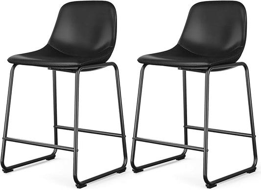 Rfiver Pu Faux Leather Bar Stools Set of 2, Industrial Pub Barstools with Back and Footrest, Modern Armless Bar Height Stool Chairs (Black, 24" Counter Chair x2)
