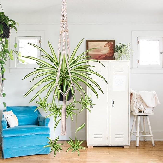 Fake Hanging Plant, Faux Spider Plant in Pot Artificial Grass Plants Faux Chlorophytum Comosum Potted Plants for Home Office Table Shelf Desk Kitchen Bathroom Bedroom Decor Cyan and White