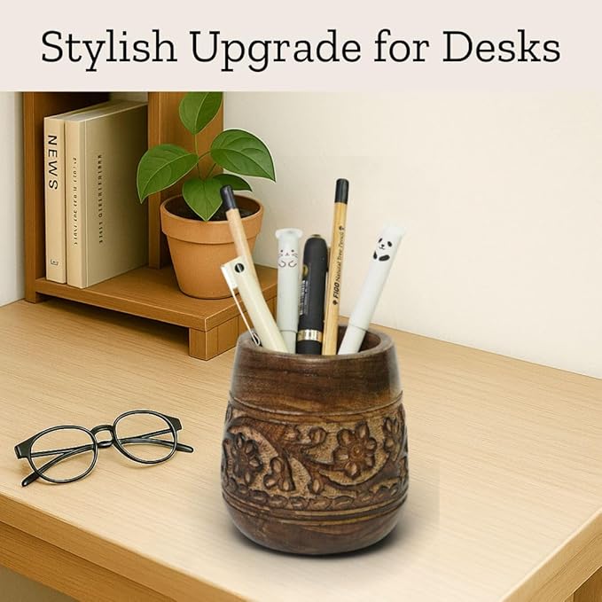 Mie Creations Designer Pencil Holder for Desk Wood | Wooden Pen Stand, Paintbrush Cup, Desk Accessories, Cute Make Up Brush Organizers | Office Desktop Stationery, Mothers Day Gift for Mom- 4'' Brown