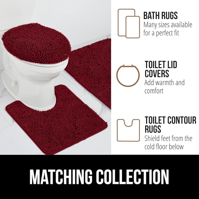 GORILLA GRIP Plush Absorbent Shaggy Chenille Bath Rug Mat for Oval Toilet Base with Rubber Backing, Machine Washable Rugs, Soft Microfiber Contour Mats for Toilets, Bathroom Decor, Burgundy