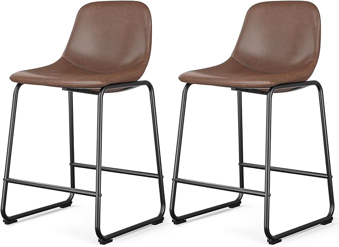 Rfiver Pu Faux Leather Bar Stools Set of 2, Industrial Pub Barstools with Back and Footrest, Modern Armless Bar Height Stool Chairs (Brown, 24" Counter Chair x2)