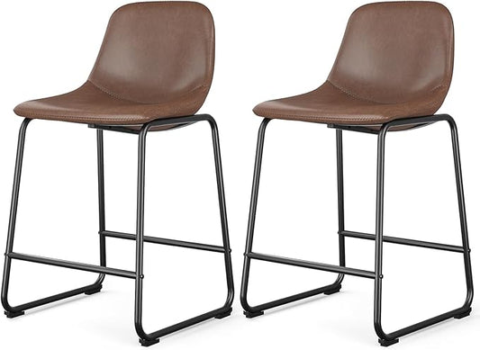 Rfiver Pu Faux Leather Bar Stools Set of 2, Industrial Pub Barstools with Back and Footrest, Modern Armless Bar Height Stool Chairs (Brown, 24" Counter Chair x2)
