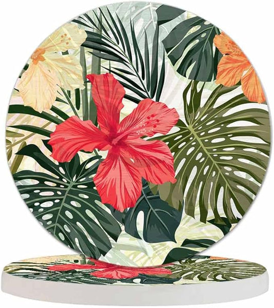Tropical Plants Cup Coasters Set of 2 Leaf Hibiscus Flowers Foliage Palm Exotic Jungle Nature Botanical Wooden Table Apartment Decor 100% Diatomite for Drinking Glasses,4 Inches
