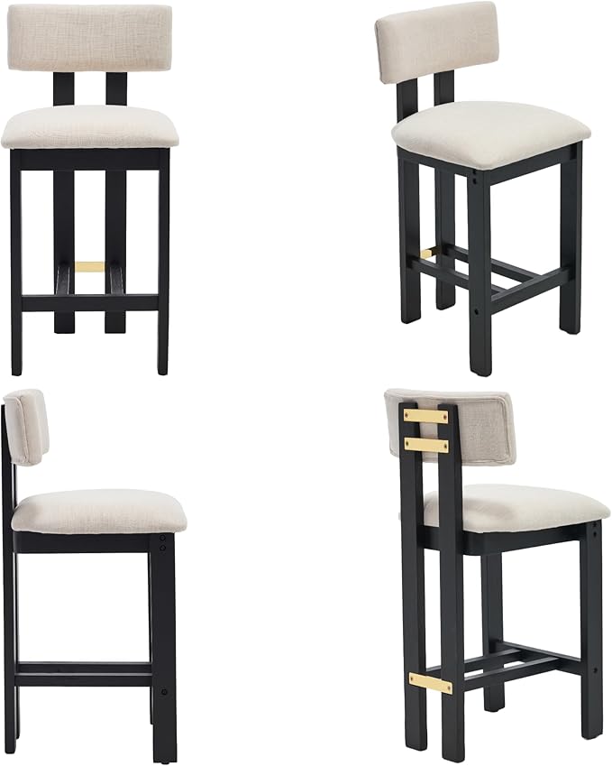 26" Counter Stools Set of 2 Counter Height Bar Stools with Back and Black Solid Wood Legs Modern Farmhouse Linen Upholstered Kitchen Bar Stools Countertop Bar Chairs, Beige