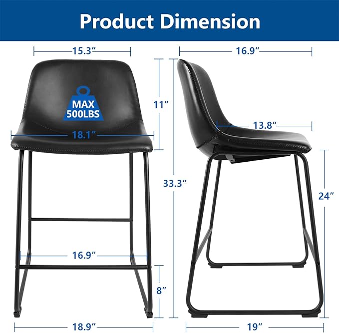 Rfiver Pu Faux Leather Bar Stools Set of 3, Industrial Pub Barstools with Back and Footrest, Modern Armless Bar Height Stool Chairs (Black, 24" Counter Chair x3)