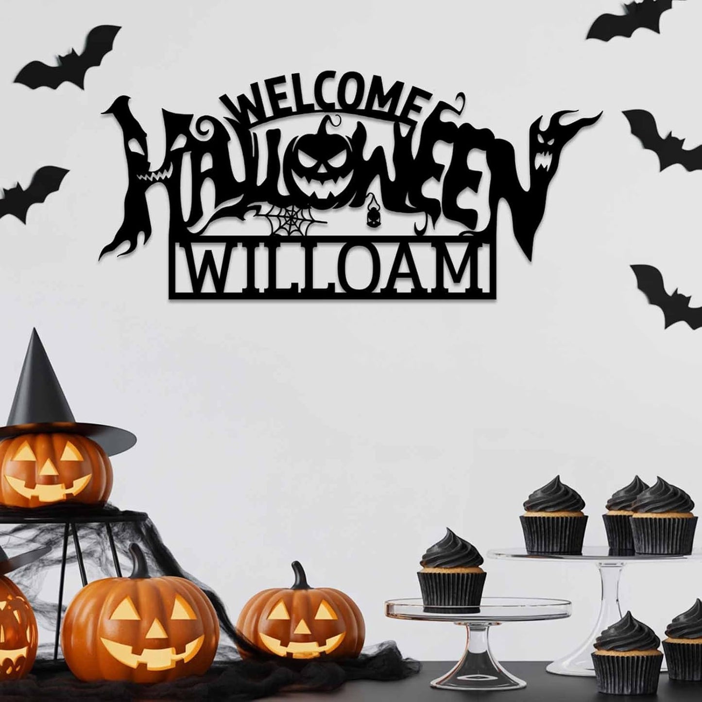 Custom Halloween Family Name Metal Signs, Personalzied Halloween Metal Wall Art with Bats Pumpkins Skull Ghost Spider, Scary Party Decorations, Gothic Home Decor for Home Welcome Sign