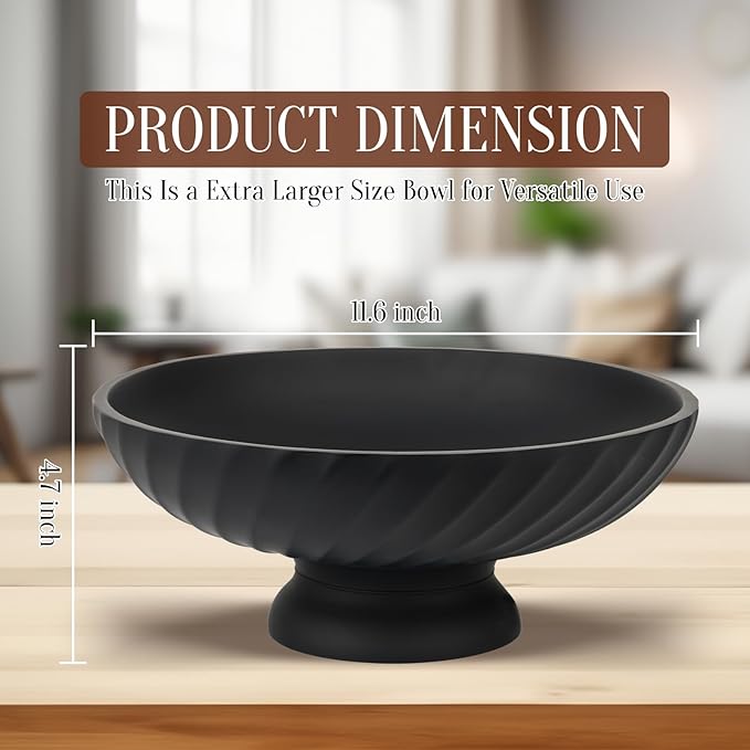 Large Resin Pedestal Decorative Bowl - Modern Fruit Bowl for Kitchen Counter - Handicraft Bowls for Home Decor - Key Bowl for Entry Table,Matte Black
