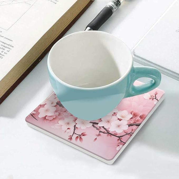 Ceramic Drinking Coasters Set of 4 Square Water Absorbent Blooming Pink Cherry Blossom Flowers Ceramic Coasters Tabletop Protection (Cork Base),Suitable for Various Mugs,Home Decor，4 Inch
