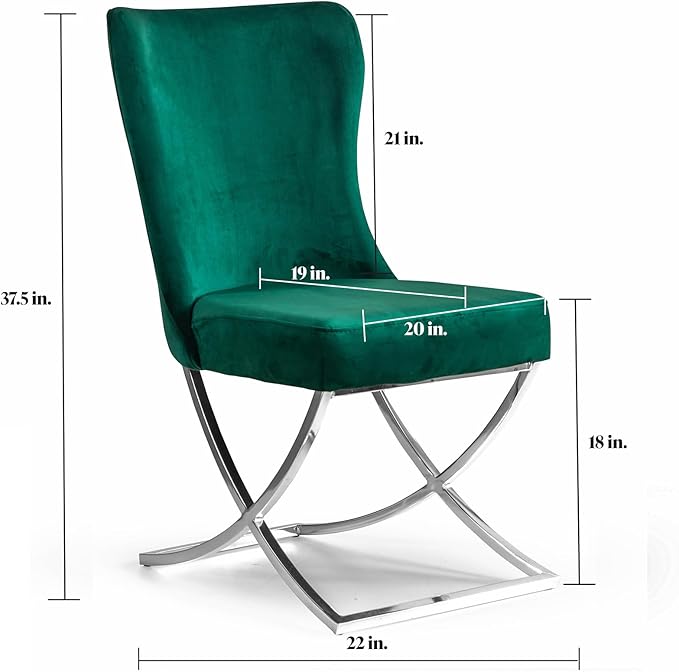 Ottomanson Royal Dining Chairs Set of 2 – Upholstered Tufted Microfiber, Assembled, Silver Metal Legs, Beech Wood Frame, 350 lb Capacity, Green