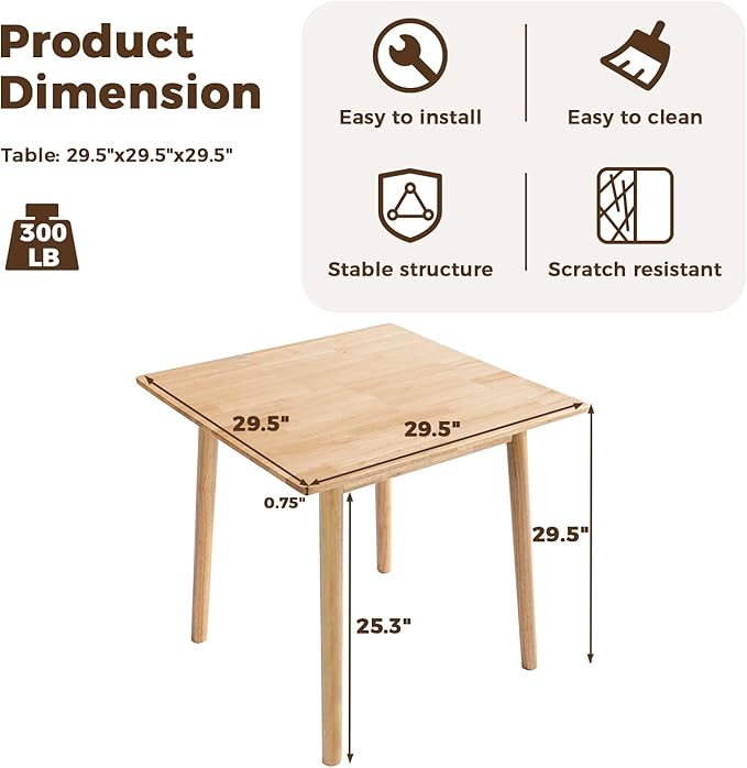 DELAVIN 29.5" Solid Wood Dining Table, Square Kitchen Desk, Modern Dining Table, Cafe Table for Living Room Dining Room, Easy Assembly, Natural