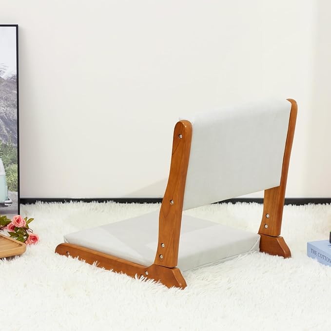 HollyHOME Floor Chair with Back Support, Foldable Japanese Style Floor Chair, Wood Legless Tatami Chair with Cushion, Accent Meditation Floor Seat for Bay Window, Living Room, Bedroom, Beige