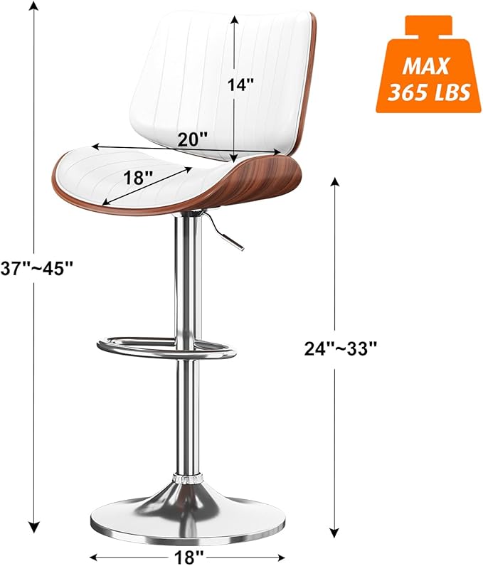Swivel Bar Stools Set of 2, Adjustable Bentwood Barstools for Kitchen Counter, Modern PU Leather Upholstered Bar Chair with Back and Footrest, for Kitchen Island, Bar, Dining Room, Cafe, White