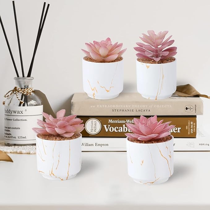 Succulent Artificial Plants,Cute Fake Succulents in 4 White Ceramic Pots,Small Fake Plants for Office,Table,Desk,Bathroom, Bedroom,Aesthetic Room Shelves Decor,Desk Decorations for Women Office