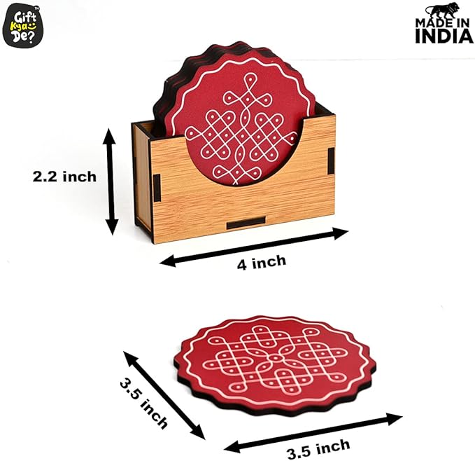 GKD Wooden Coasters for Drinks, Coasters Set of 6 with Holder, 3.5 inches Eco-Friendly Absorbent Coaster for Coffee Table, Bar, Drinking Glasses, Tabletop Protection (1, Fine Art Red)