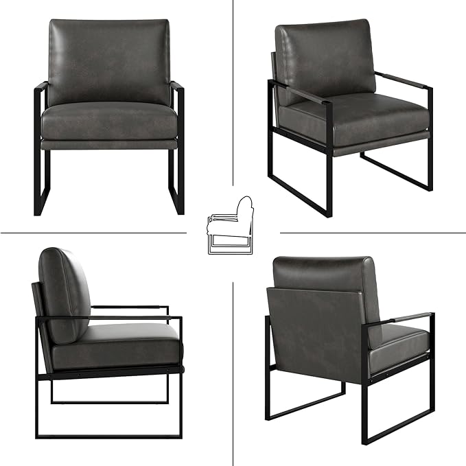 Phoenix Home Mid Century Modern Faux Leather Accent Chair, Metal Framed Armchair with Extra Soft Removable Seat Cushion & Backrest for Living Room Bedroom Waiting Room, Easy to Clean, Gray