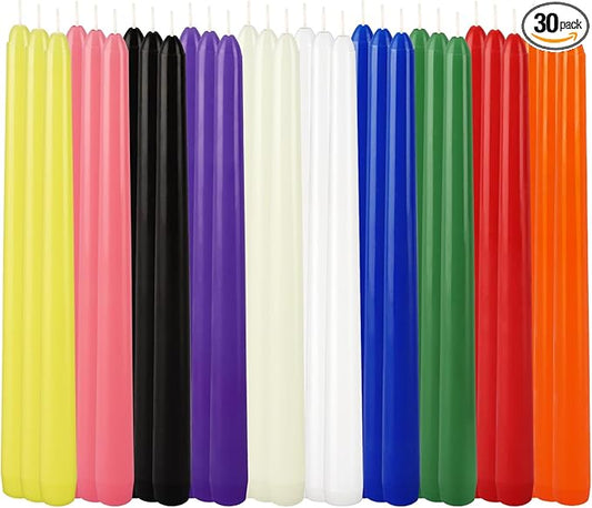 30-Pack 10-Color Taper Candles - 10 Inch Dripless & 10-Hour Burn｜Wedding/Birthday/Home Decor with Premium Wax