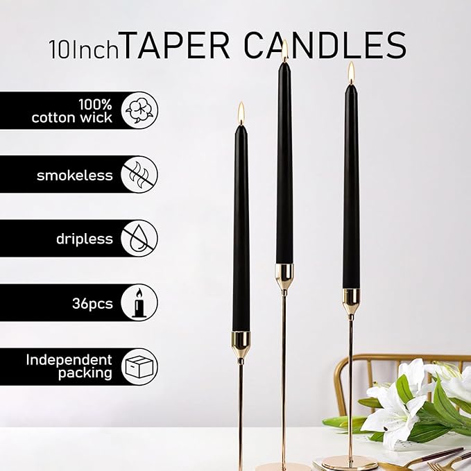 36-Pack 10-Inch Black Taper Candles - Drip-Free Unscented, Long Burning for Dinner Parties, Halloween, Home Decor, Spells & Rituals, Meditation, Prayer (25.4 cm)