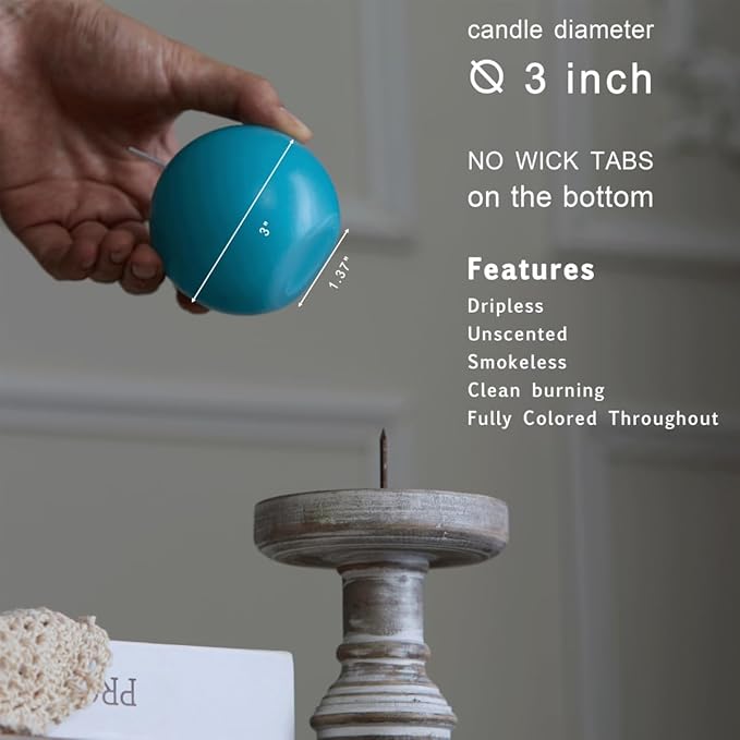 MOZEAL Hand-Poured, 3 Inch Turquoise Round Ball Candles - Elegant Teal Round Pillar Candles Set of 3, Dripless, Unscented, Smokeless, Ideal for Summer Parties.