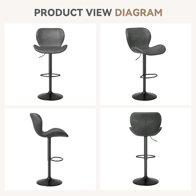 Nalupatio Swivel Bar Stools Set of 2,PU Leather Upholstered Barstools with Back & Footrest, Seat Adjustable Height 22.2-31IN Counter Height Bar Chairs for Bar Kitchen Island,Dark Grey