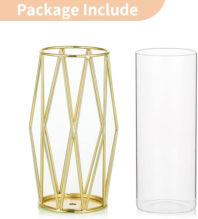 Nuptio Gold Pillar Candle Holder: Glass Hurricane Candles Holders with Geometric Metal Rack Stand for Wedding Birthday Party Centerpieces - Decorative Flower Vase for Office Living Room