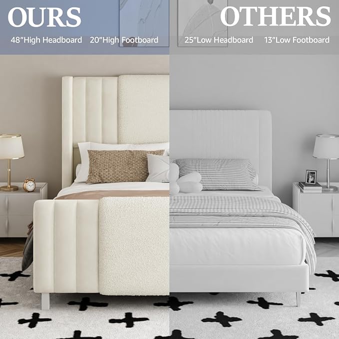 Queen Size Bed Frame with Tall Headboard and Footboard, Boucle and Velvet Upholstered Bed Frame Queen with LED Lights, Modern Platform Bed Frames, Noiseless, Easy Assembly, White