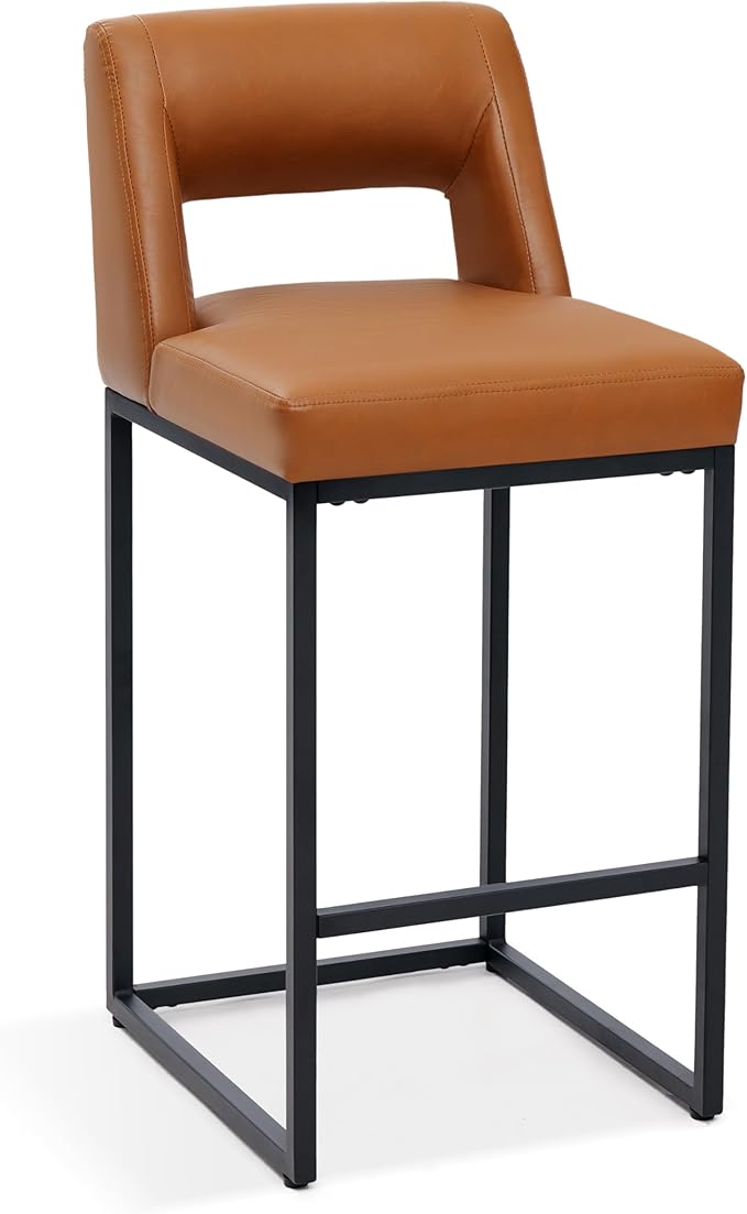 Counter Height Bar Stool for Kitchen Counter Modern Bar Chair with Back for Kitchen Island with Upholstered Faux Leather Seat and Metal Frame, 26 Inch, Light Brown