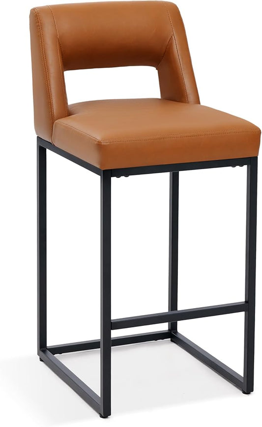 Counter Height Bar Stool for Kitchen Counter Modern Bar Chair with Back for Kitchen Island with Upholstered Faux Leather Seat and Metal Frame, 26 Inch, Light Brown