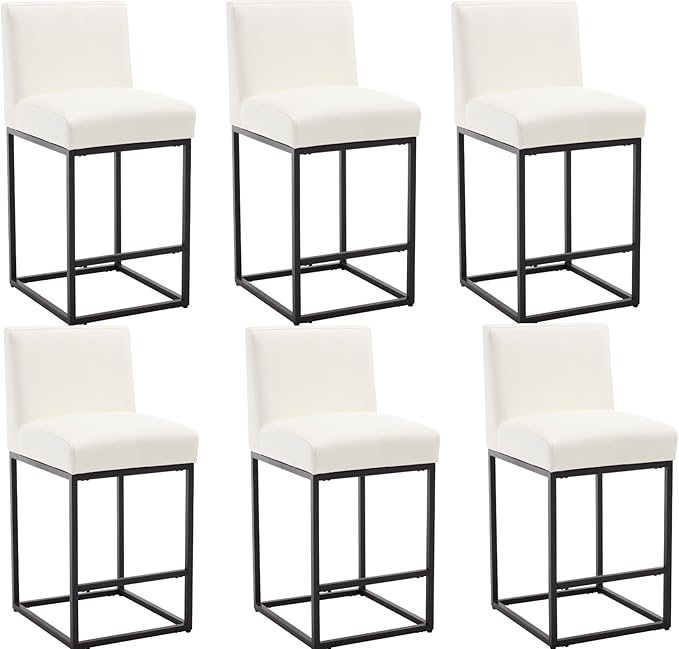 VESCASA Faux Leather 27 inches Counter Height Bar Stools with Padded Back, Modern Upholstered Counter Stool Chairs with Black Metal Frame for Kitchen Island, Set of 6, White