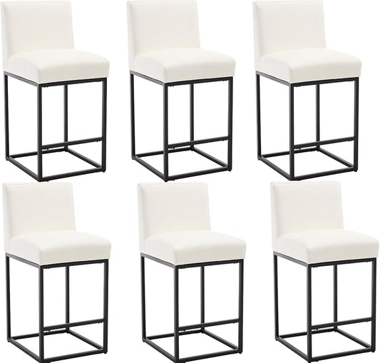 VESCASA Faux Leather 27 inches Counter Height Bar Stools with Padded Back, Modern Upholstered Counter Stool Chairs with Black Metal Frame for Kitchen Island, Set of 6, White