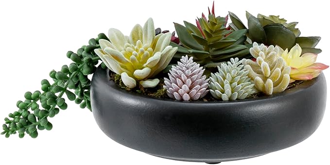 MyGift 8-Inch Artificial Succulent Plant Arrangement, Assorted Fake Plants in Modern Black Round Concrete Planter Bowl