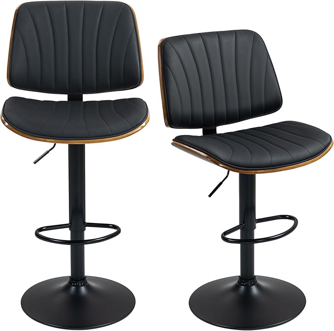 ECOTOUGE Swivel Bar Stools Set of 2, Adjustable Bentwood Barstools, Modern PU Leather Upholstered Bar Chair with Back and Footrest, for Bar, Kitchen Counter, Dining Room, Black