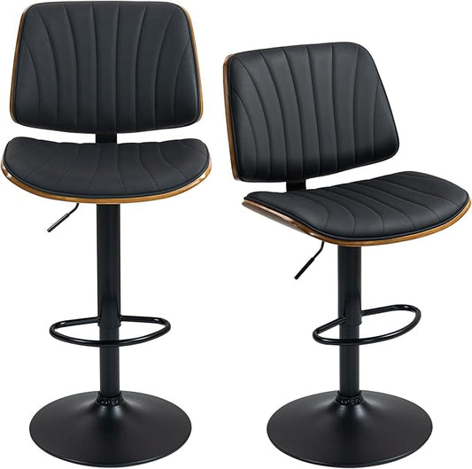 ECOTOUGE Swivel Bar Stools Set of 2, Adjustable Bentwood Barstools, Modern PU Leather Upholstered Bar Chair with Back and Footrest, for Bar, Kitchen Counter, Dining Room, Black