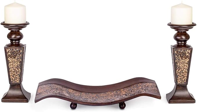 Creative Scents Schonwerk Brown Pillar Candle Holder Set of 2- Crackled Mosaic Design- Functional Table Decorations- Centerpieces for Dining/Living Room- Best Wedding Gift